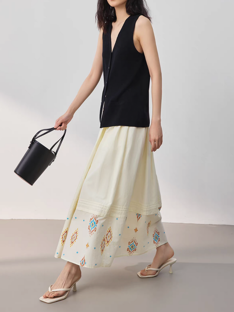 Cream ivory pleated embroidered linen cotton elasticated drawstring skirt 5