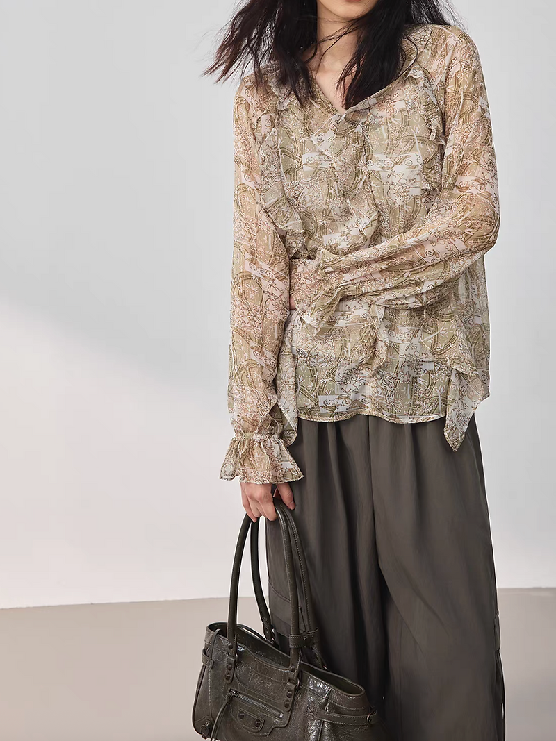 Beige khaki poly chiffon floral print ruffle blouse 9