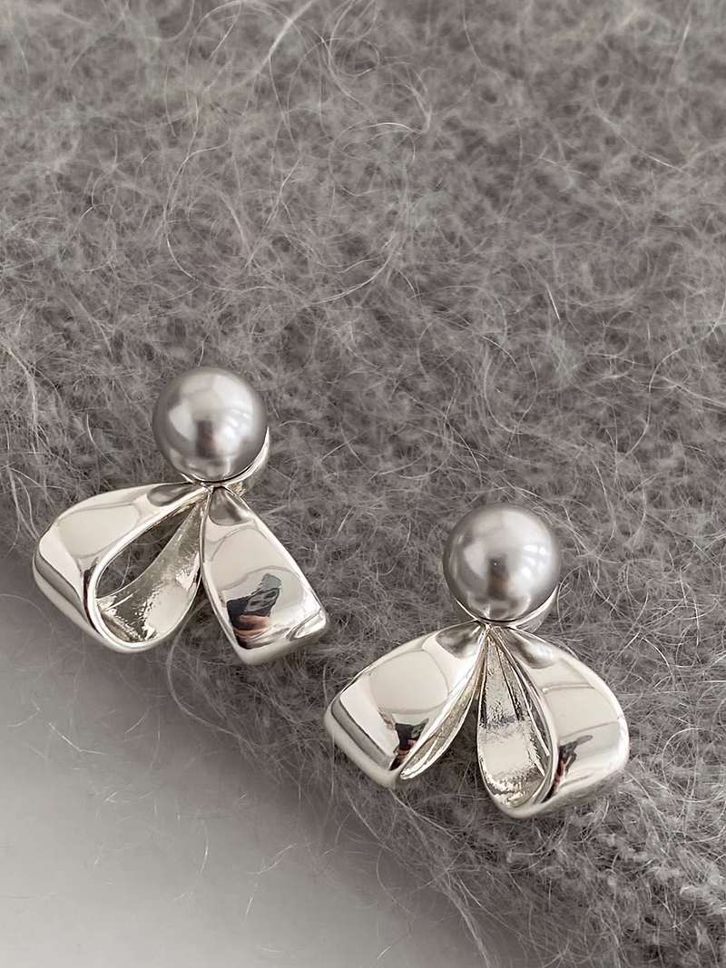 925 Silver grey alloy plastic pearls bow earrings 5