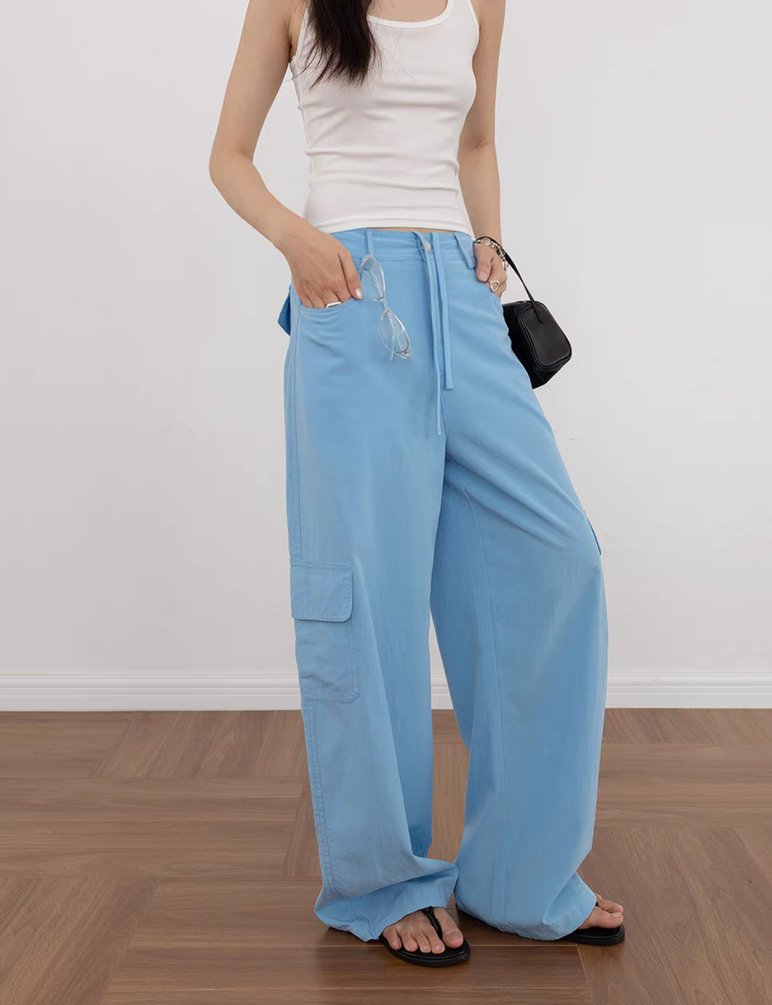 High waisted cotton tencel nylon straight leg cargo pants