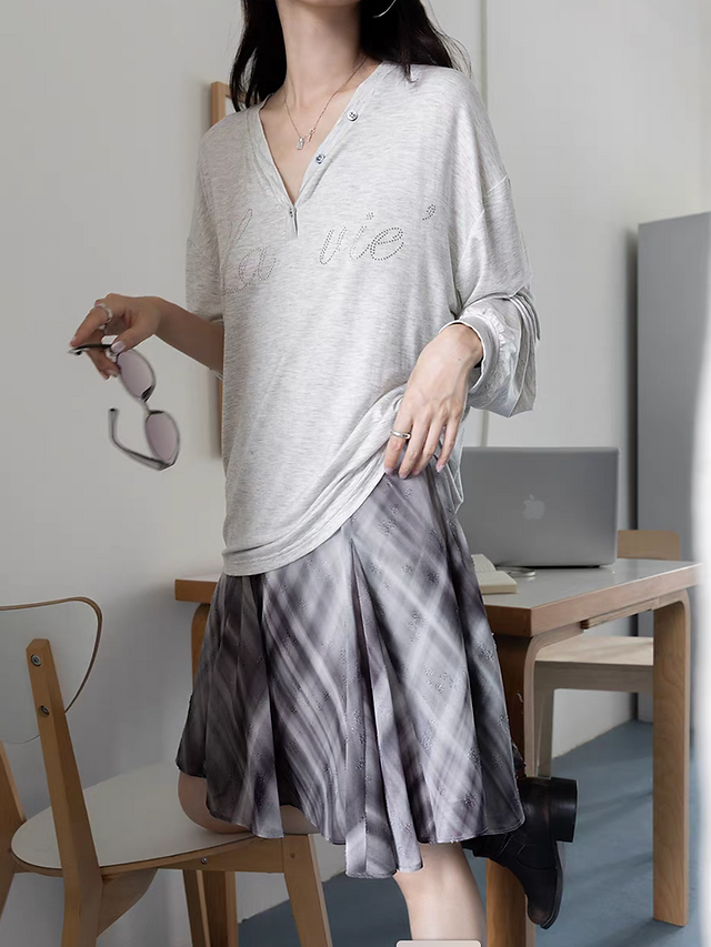 V neck shell deco lyocell rayon longsleeved print tee 7