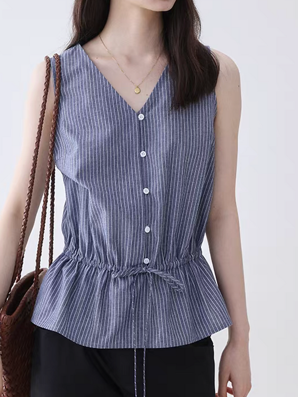 Belted V neck buttoned drawstring blue  striped vest