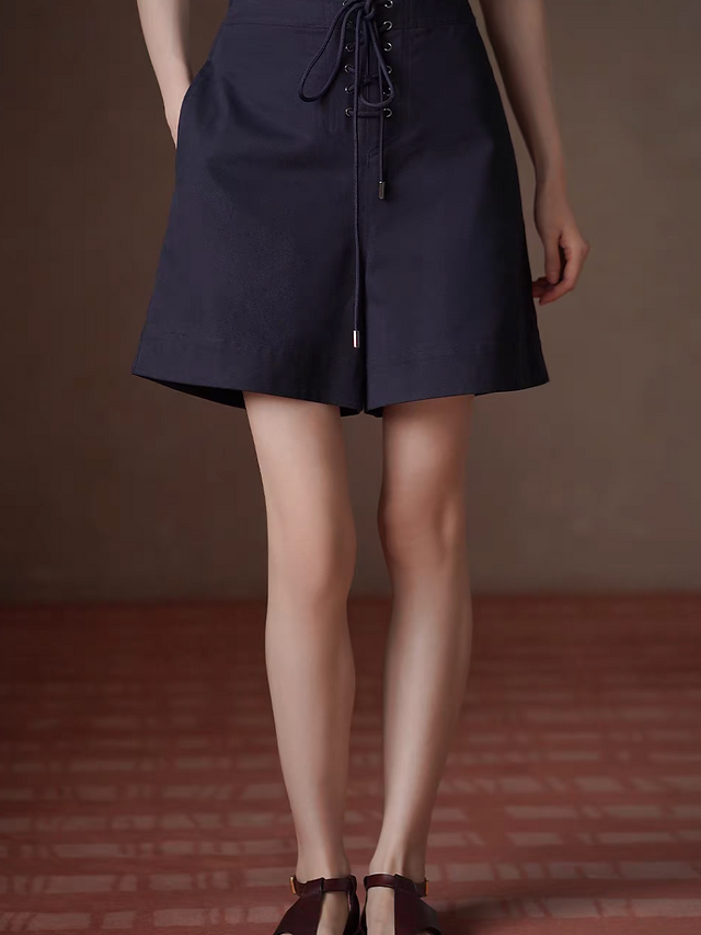 Navy back elasticated front lacing high waisted cotton shorts 2