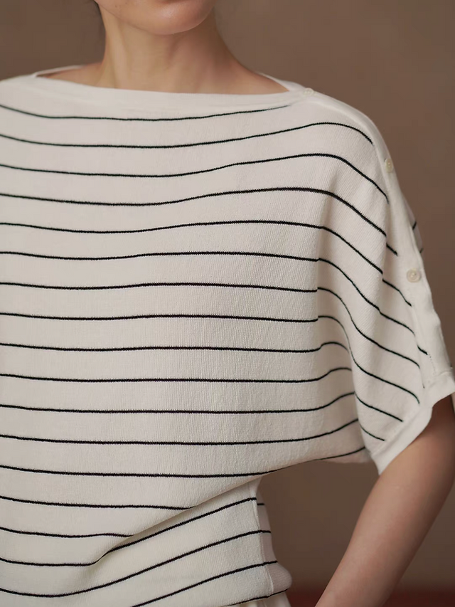Poly rayon ivory black striped shoulder buttoned straight shoulder top 2