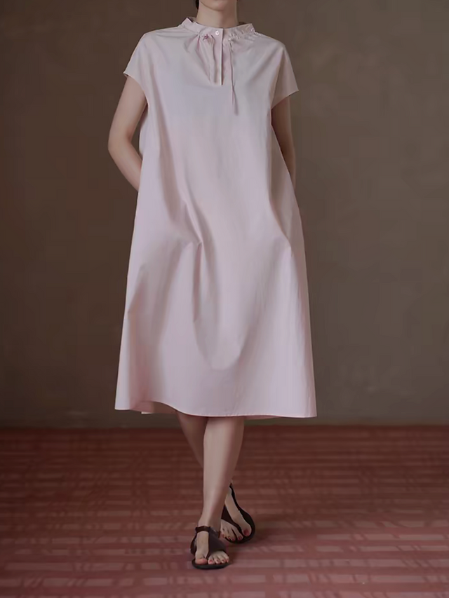 Pure cotton blosson pink ruffle collar drawstring midi dress 2