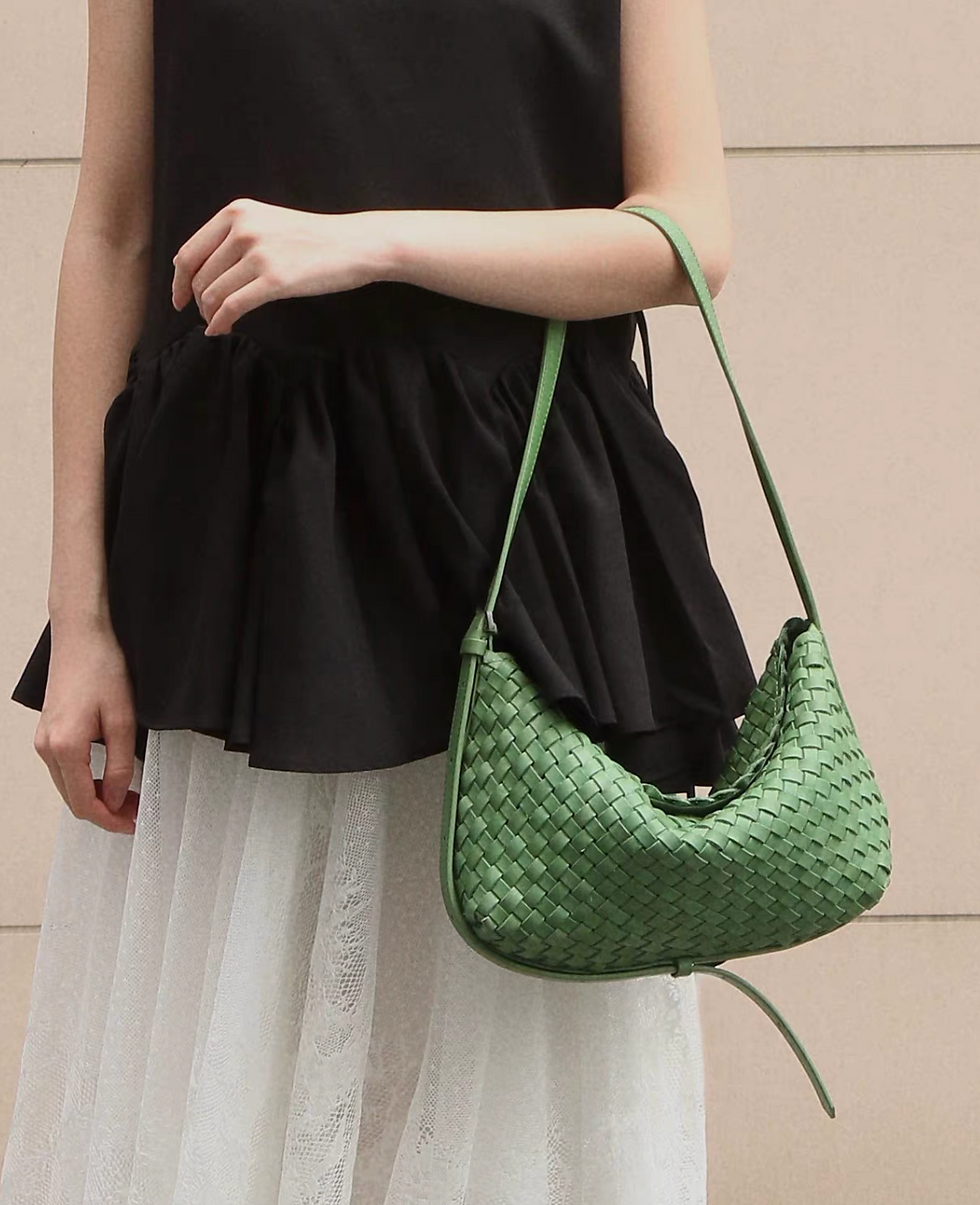 Thumbnail: Woven calf leather flap dumpling shoulder +crossbody bag