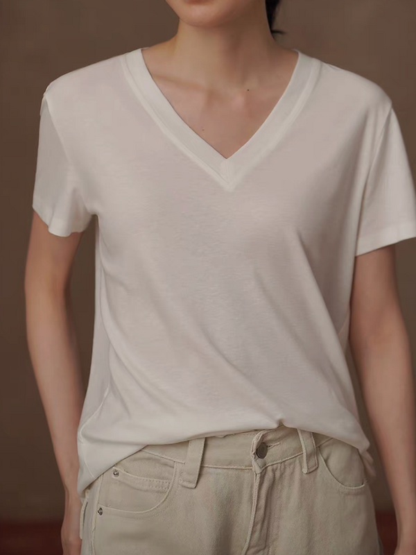 V neck lyocell linen cotton relaxed fit white tee