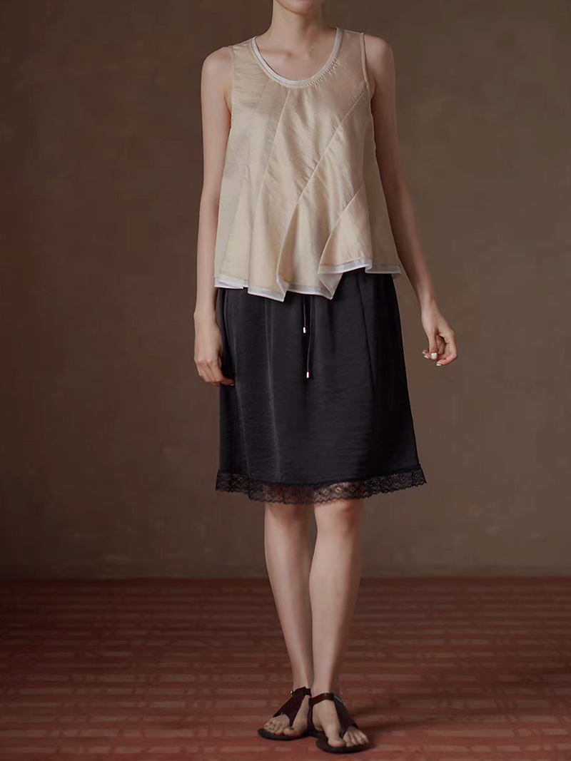 U neck ivory trim bicolor tencel asymmetric champaign pleated vest 9