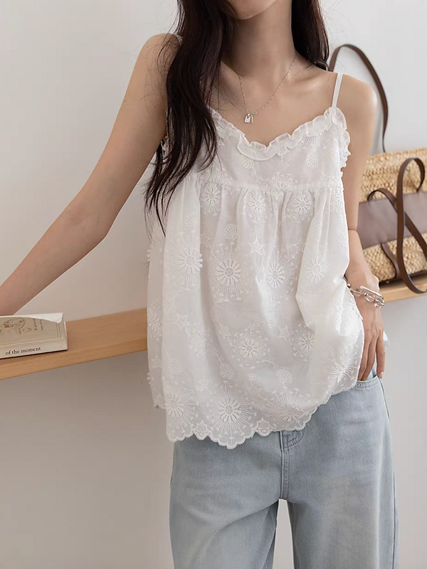 Pure cotton lace crochet floral ruffles trim white camisole