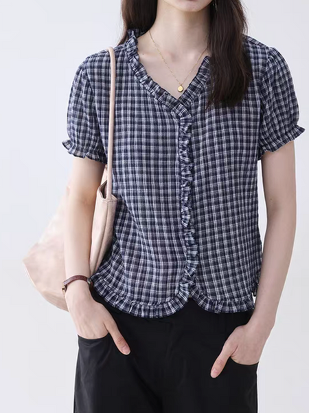 Checker ruffles V neck wavy cotton blouse
