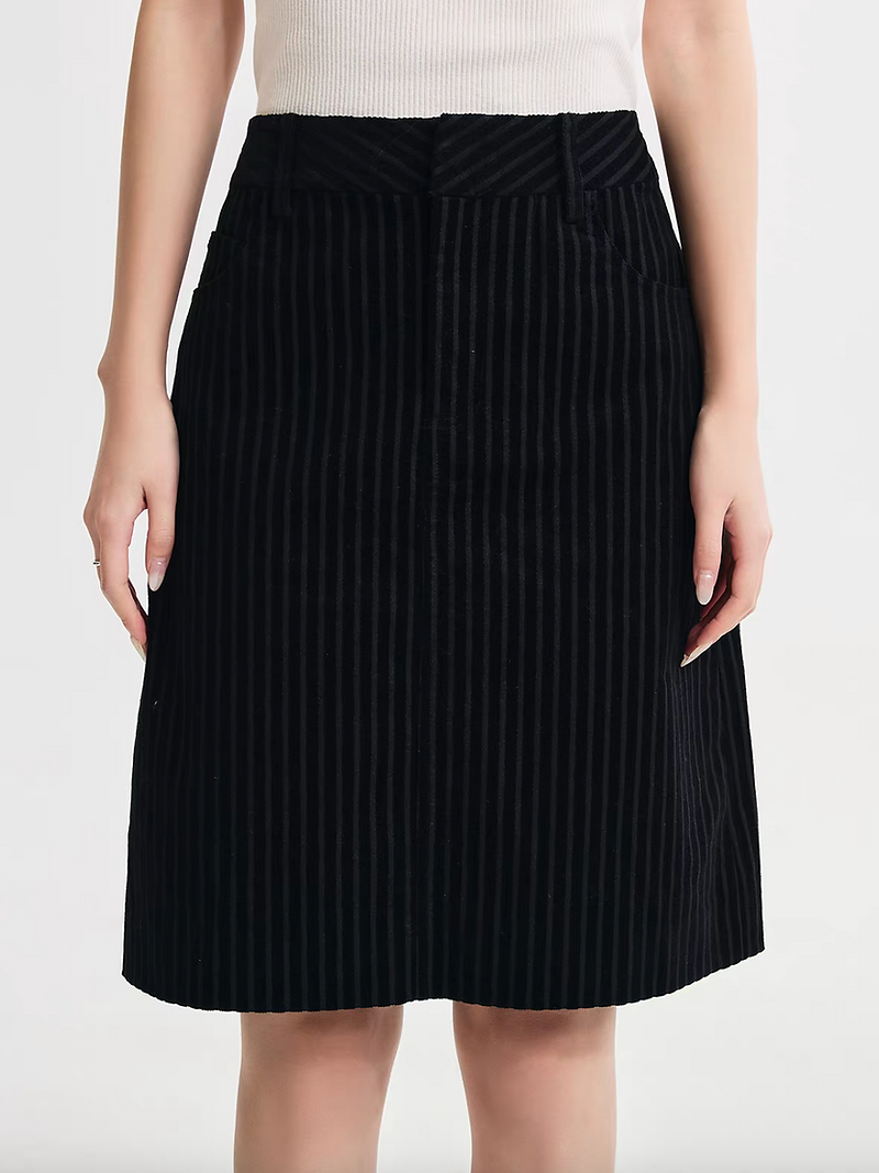 Black cotton rayon embossed striped high waisted A line black charcoal skirt 2