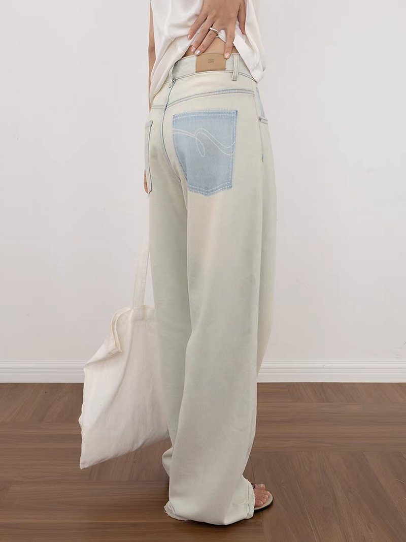 Light blue back embroidered acid washed denim straight leg high waisted jeans 3
