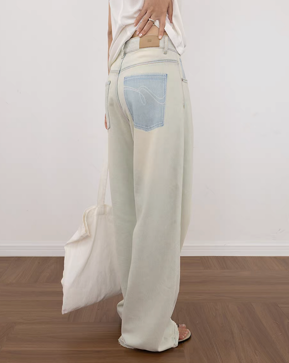 Thumbnail: Light blue back embroidered acid washed denim straight leg high waisted jeans