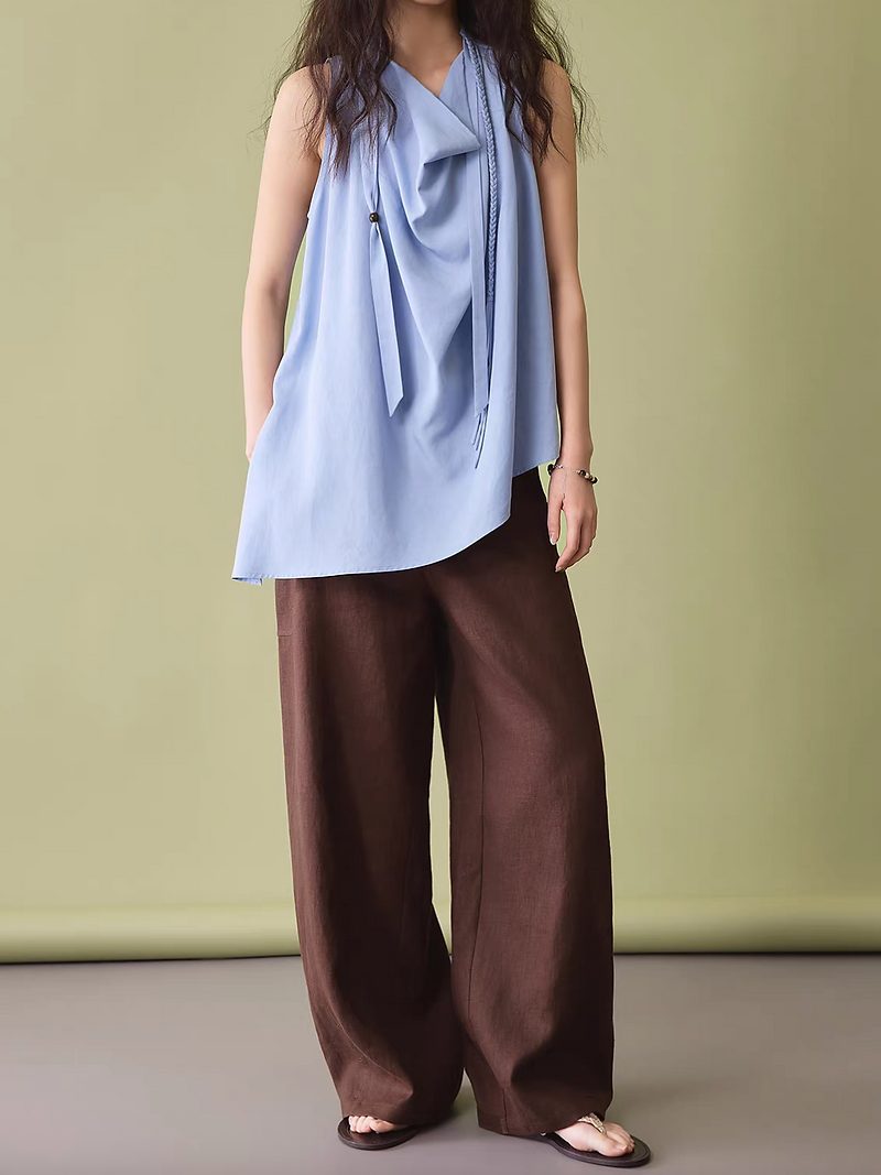 Sky blue asymmetric lyocell linen side slit collaratte vest 3