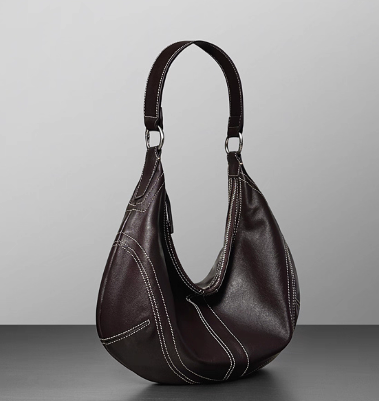 White stitched sheep skin crescent shoulder + crossbody bag