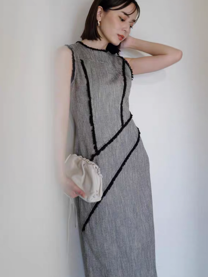 ANUANS TOKYO tweed frills cotton slim cut sleeveless dress 2