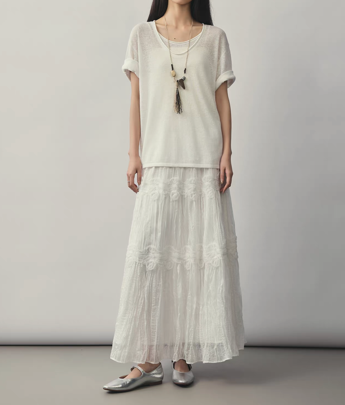 Elasticated ivory poly organza floral latered skirt