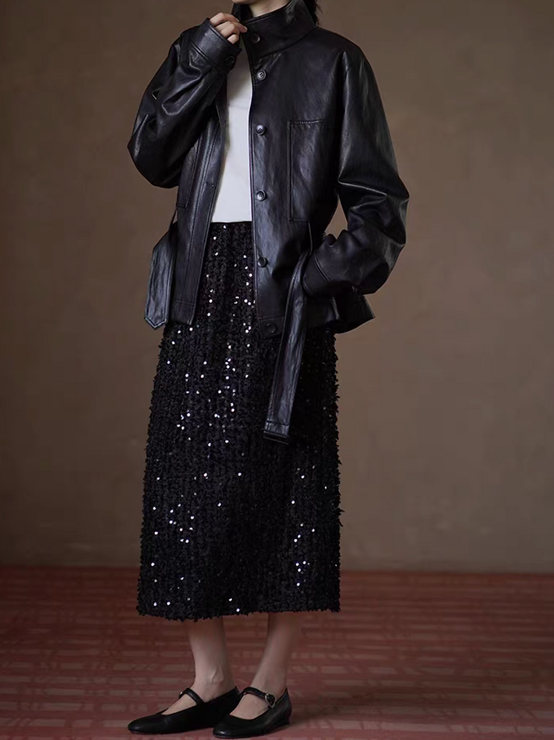 High waised black galaxy sequins poly skirt 1
