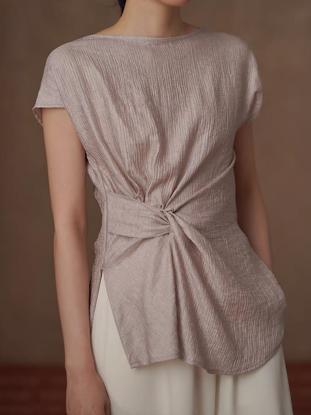 Morandi pink poly rayon embossed side twist knot mid length blouse 6