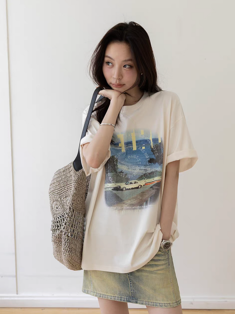 Vintage print cotton crewneck tee 4