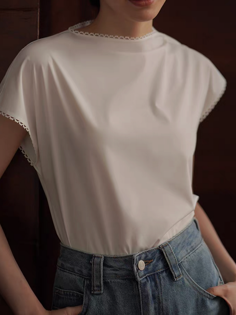 French style drape shoulder laced trim white poly rayon blouse 7