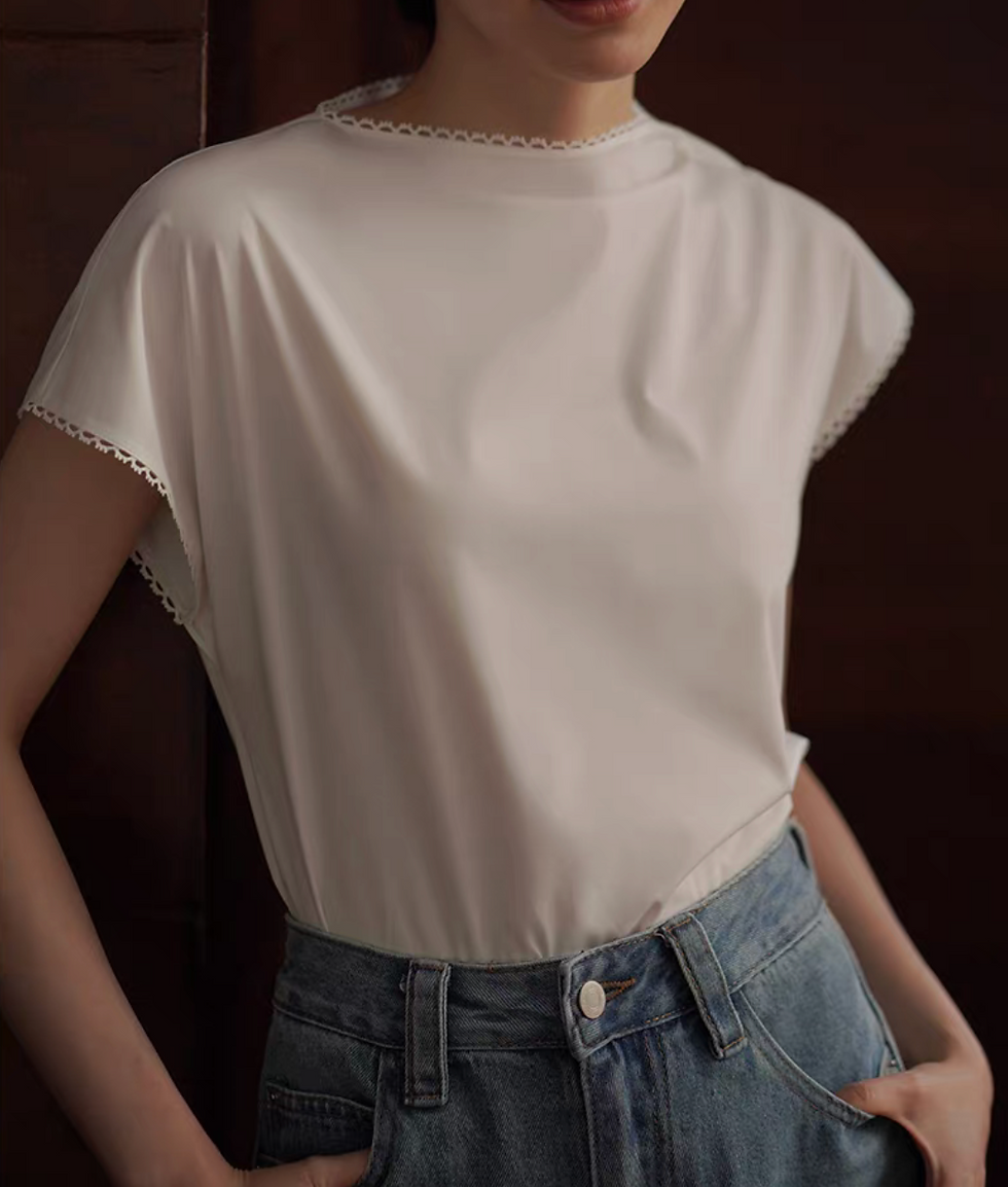 Thumbnail: French style drape shoulder laced trim white poly rayon blouse