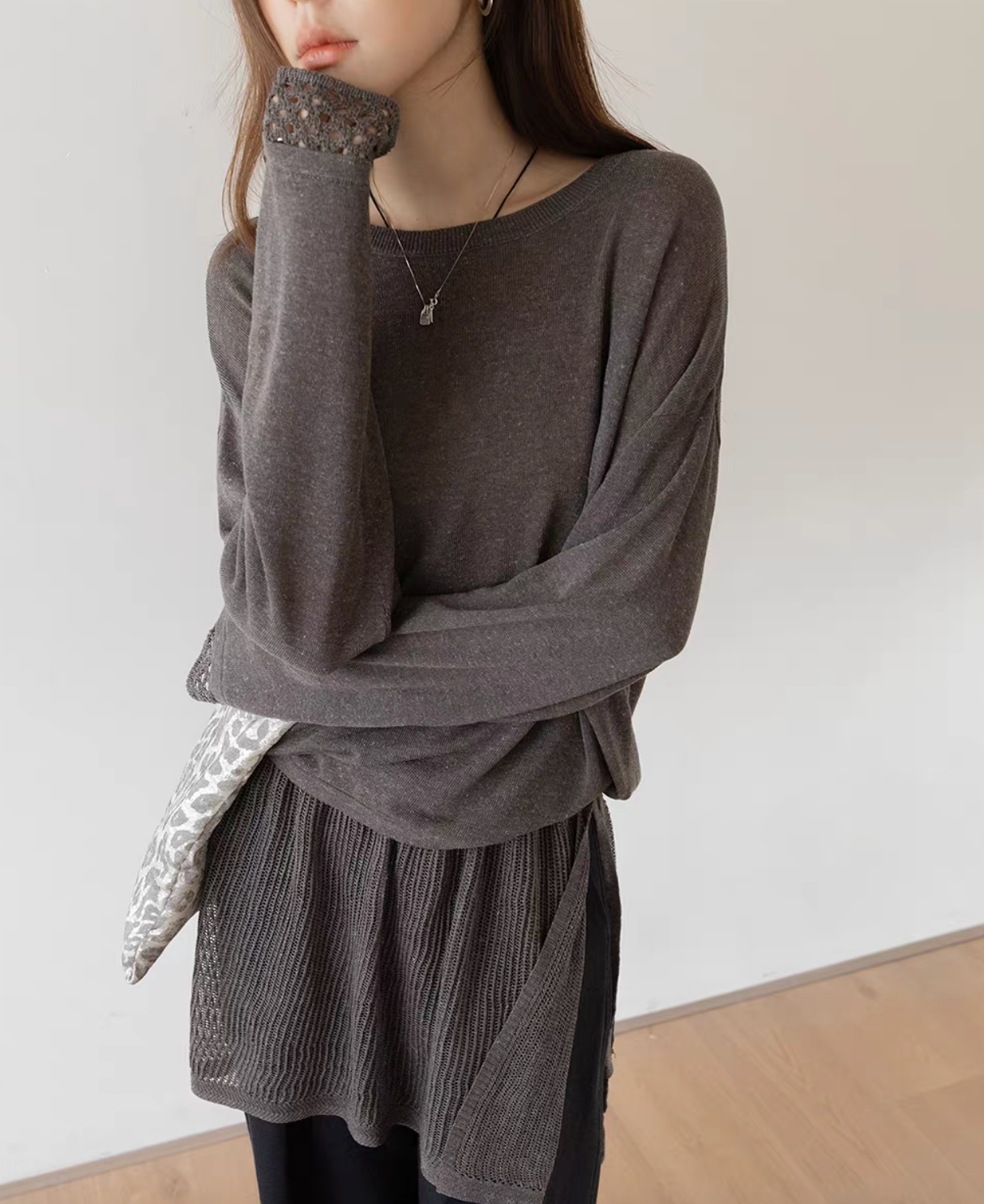 Tencel linen crochet sleeves knitwear + skirt set
