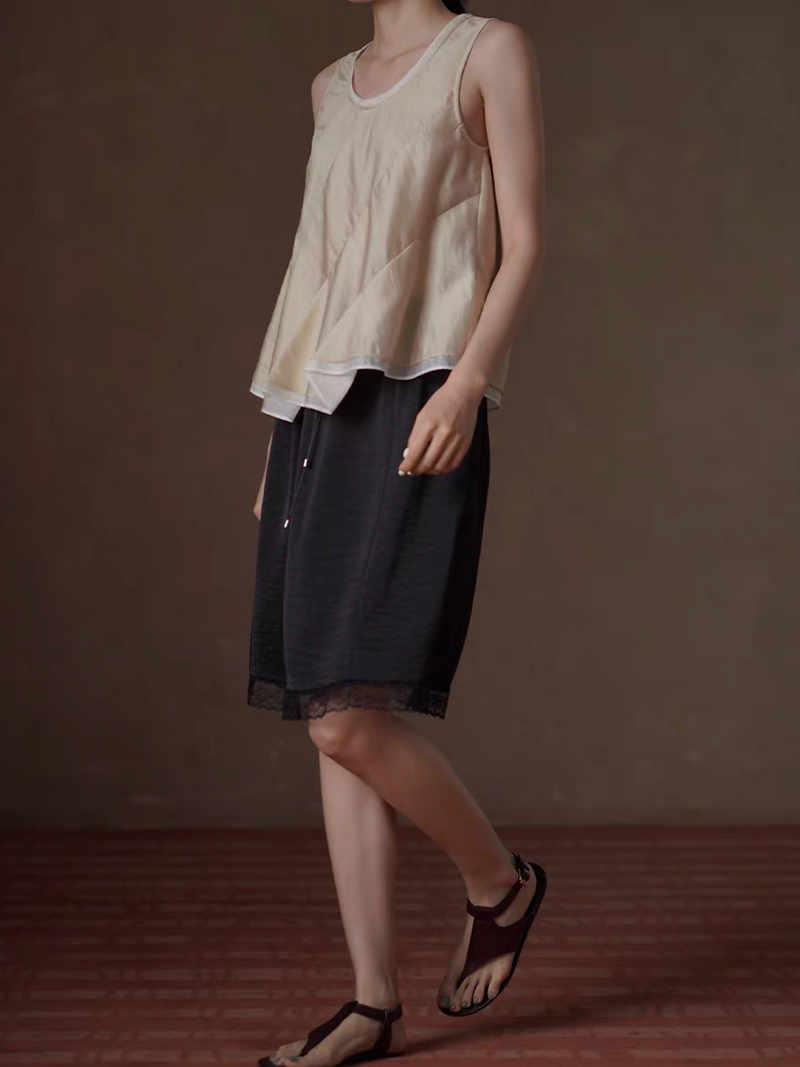 U neck ivory trim bicolor tencel asymmetric champaign pleated vest 10