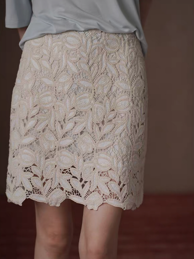 High waisted crochet poly ivory floral zipper skirt 12