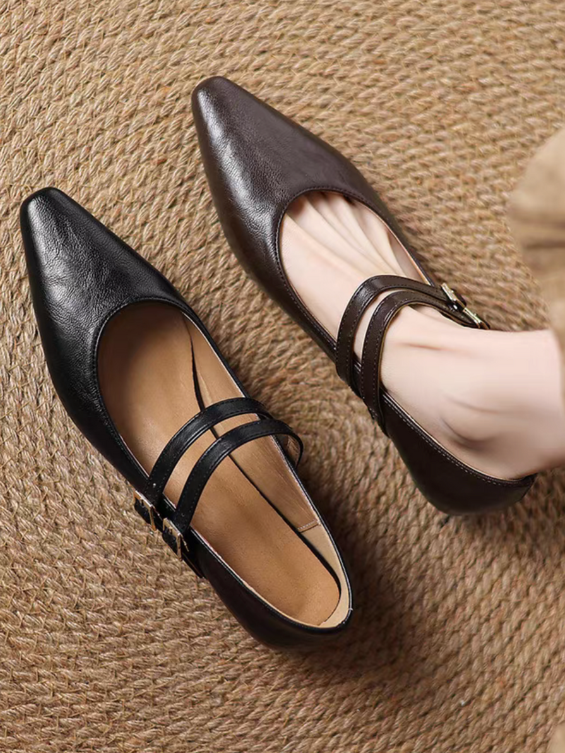 Double thin straps pointy calf leather Mary Janes 1