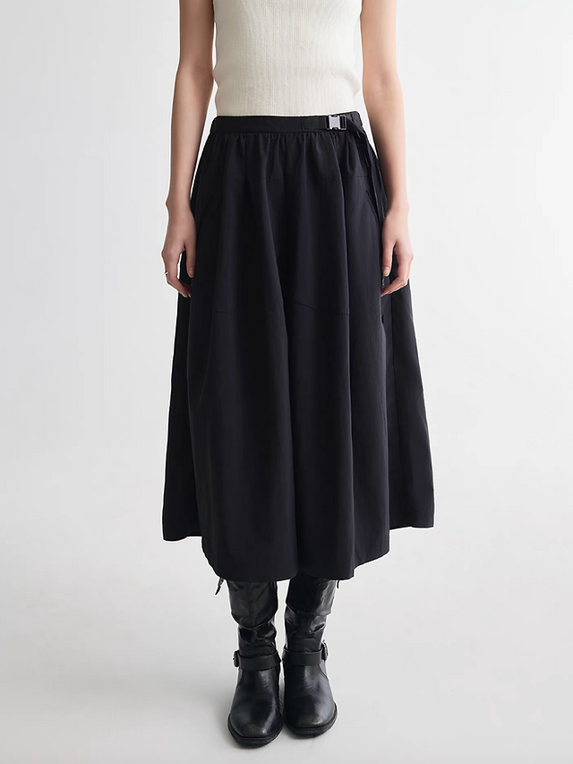 Nylon rayon embossed belted back elasrticated black wide leg pants 1