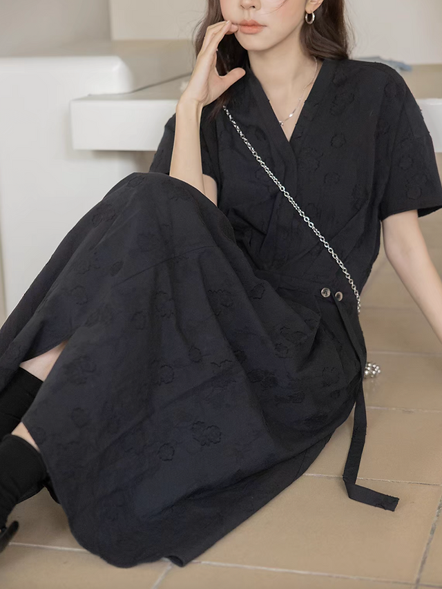 Belted floral V neck embossed cotton linen tencel asymmetric dress 3