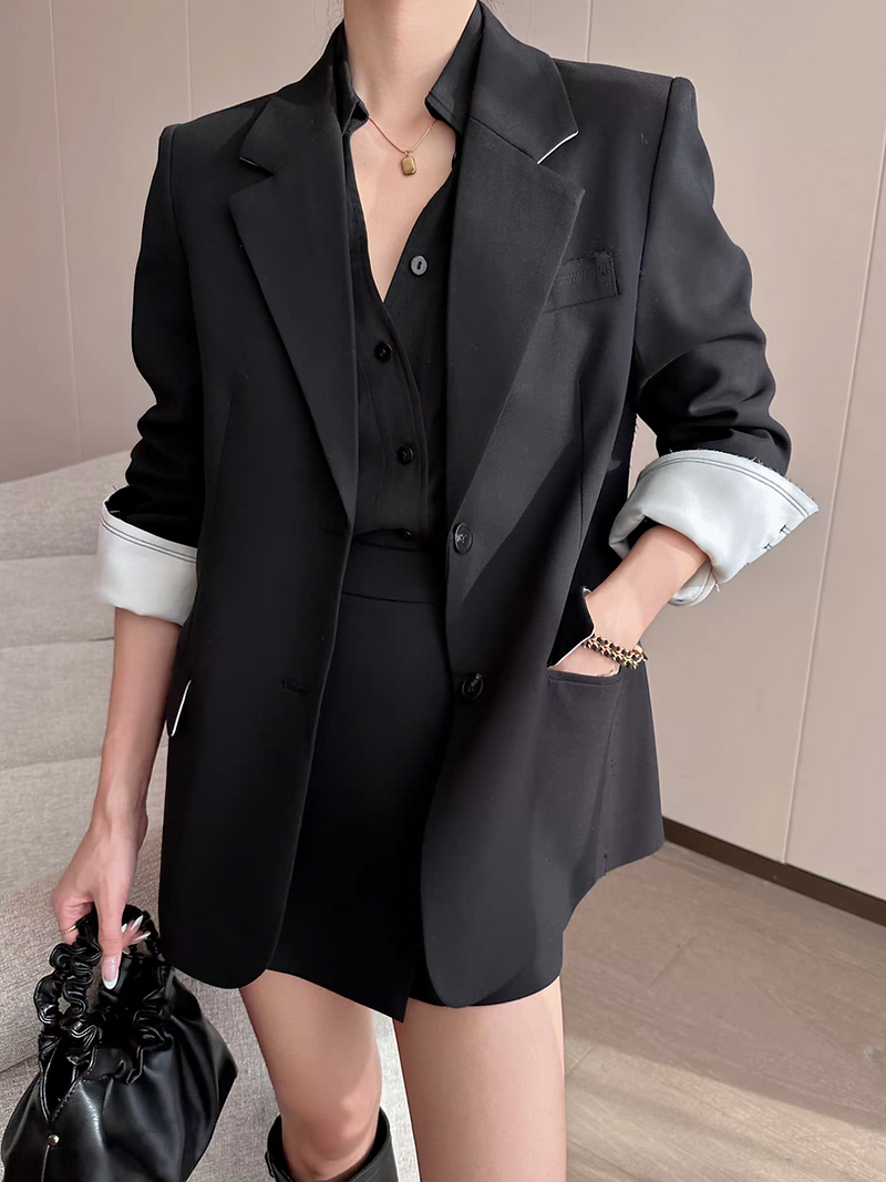 Distressed trim black poly rayon mid length blazer 4