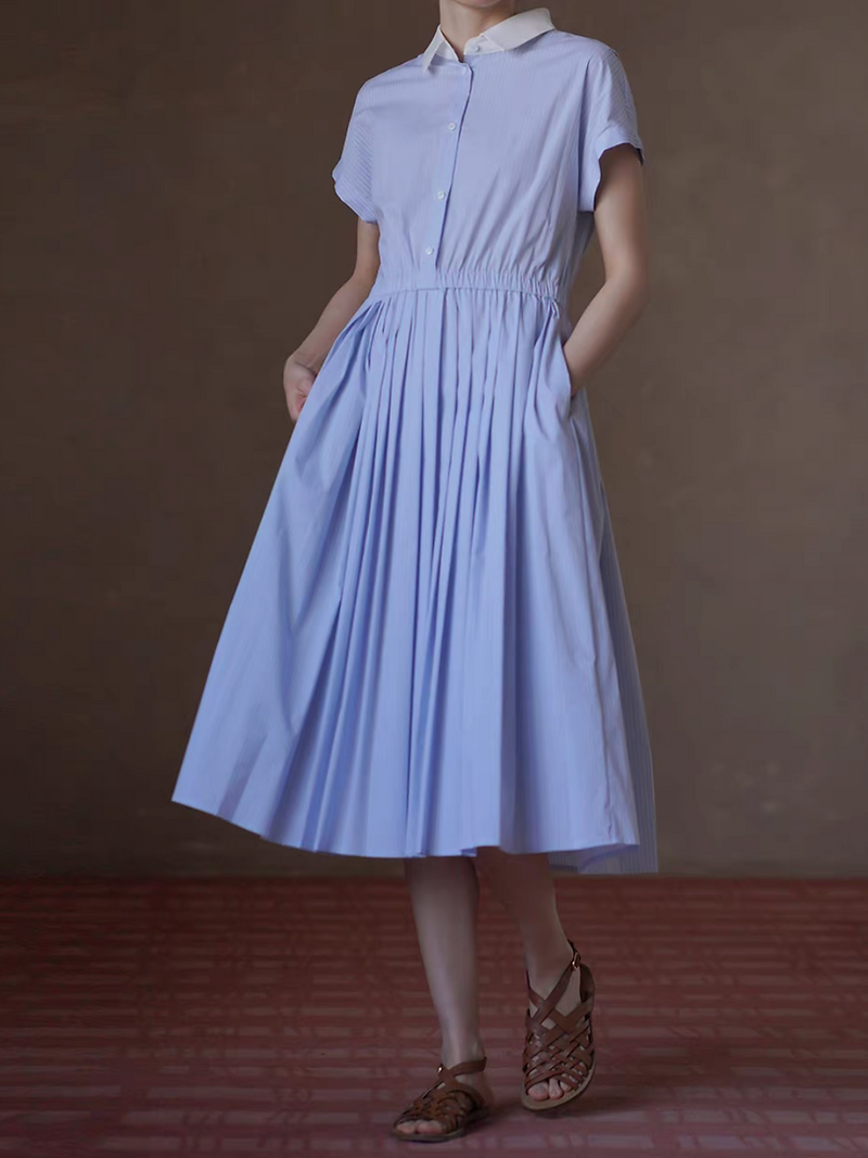 Elasticated blue striped polo pleated polo dress 2