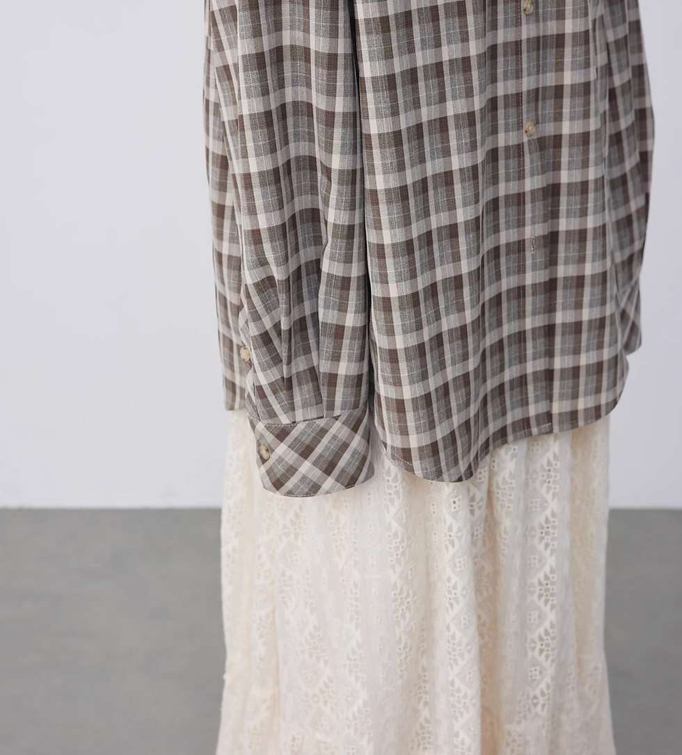 Thumbnail: Beige checker cotton laced pocket mid length linen shirt