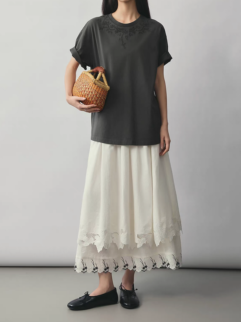 Floral crochet trim cotton linen layered music notes elasticated skirt 3
