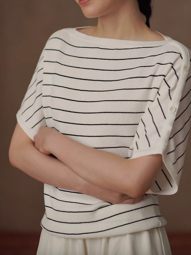 Poly rayon ivory black striped shoulder buttoned straight shoulder top 5