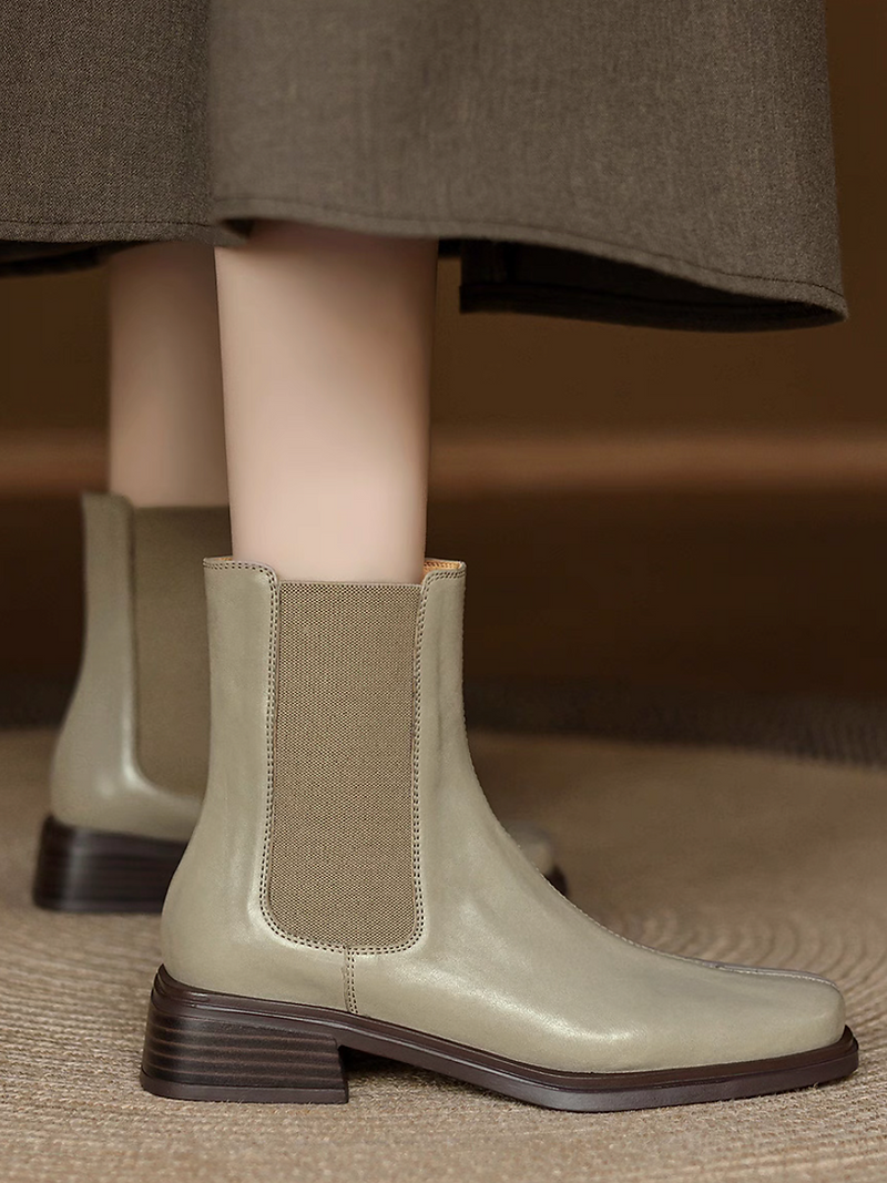 Calf leather front stitched trim square toe ankle boots 11