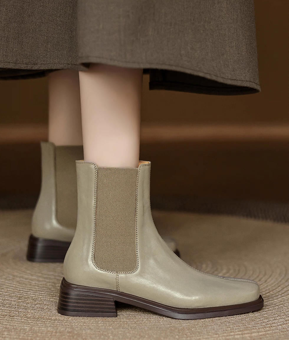 Thumbnail: Calf leather front stitched trim square toe ankle boots