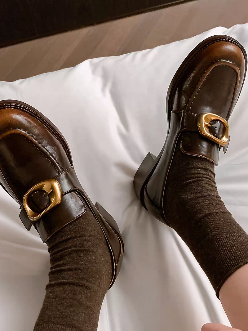 Bronze buckle brushed off calf leather contour loafers 2