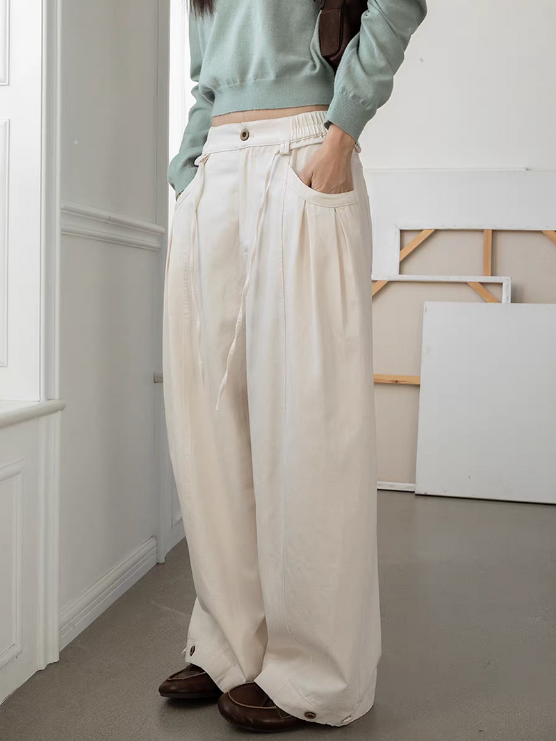 Elasticated waistband cotton tencel barrel belted pants 11