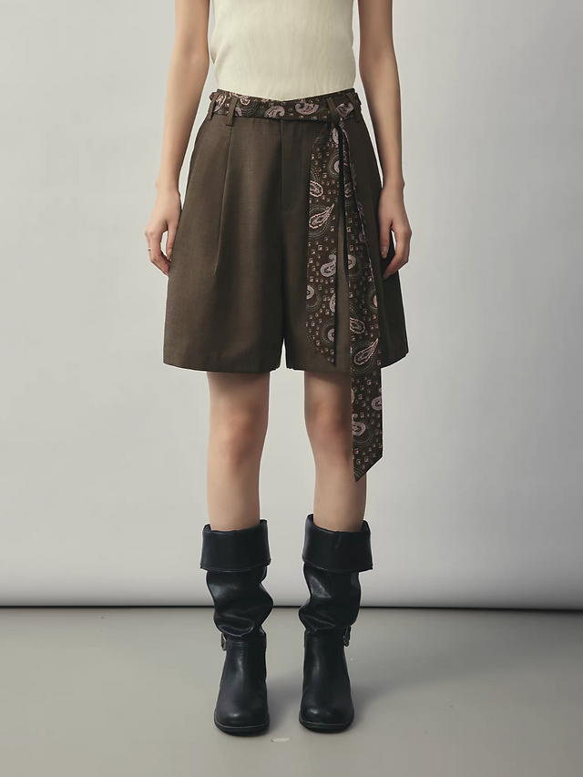 Patterned silky belt included high waisted mocha pleated shorts 1