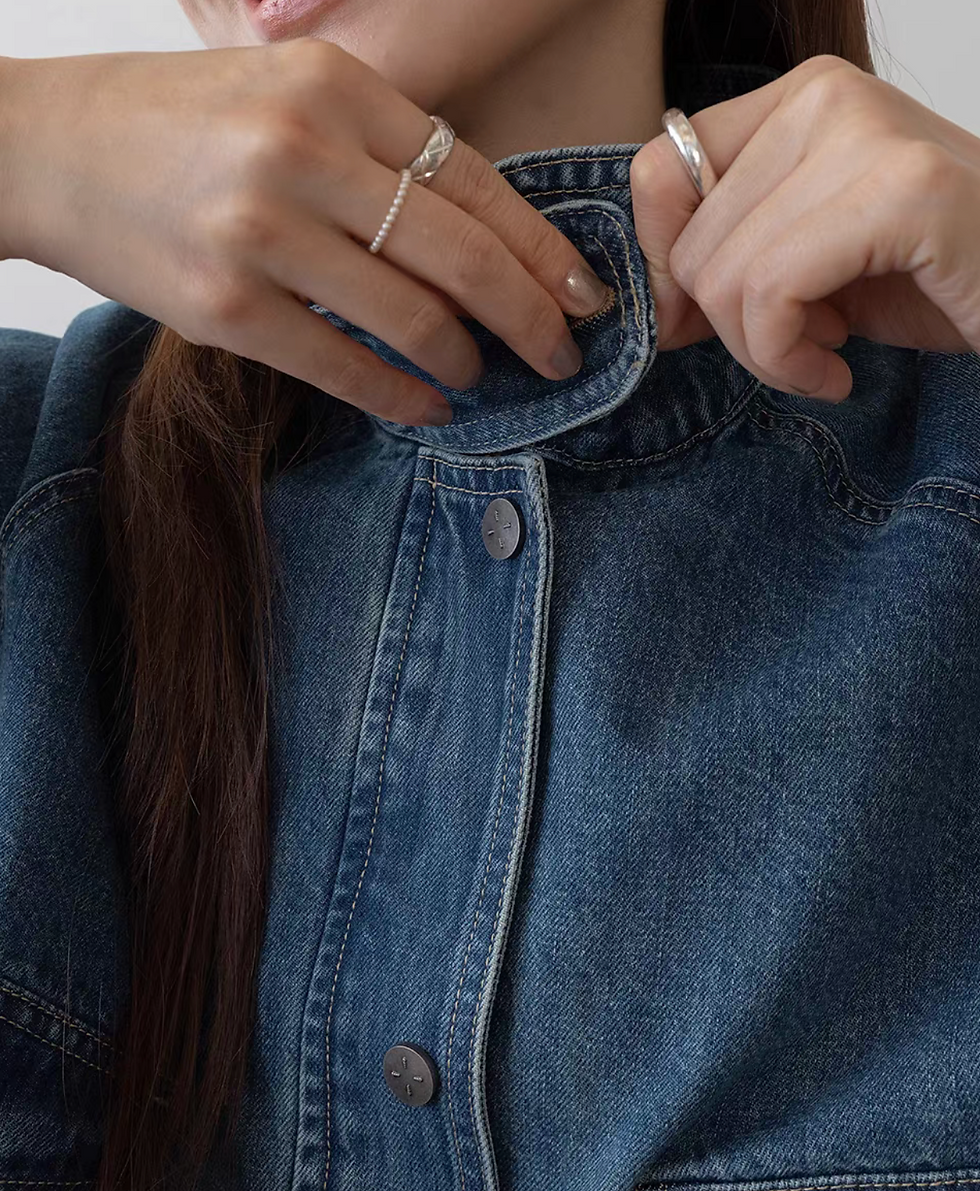 Thumbnail: Acid washed retro blue denim polo two way denim jacket