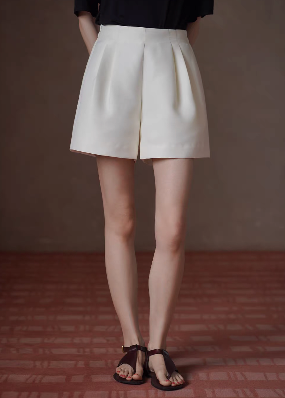 Thumbnail: Back elasticated ivory side zipped high waisted poly rayon shorts