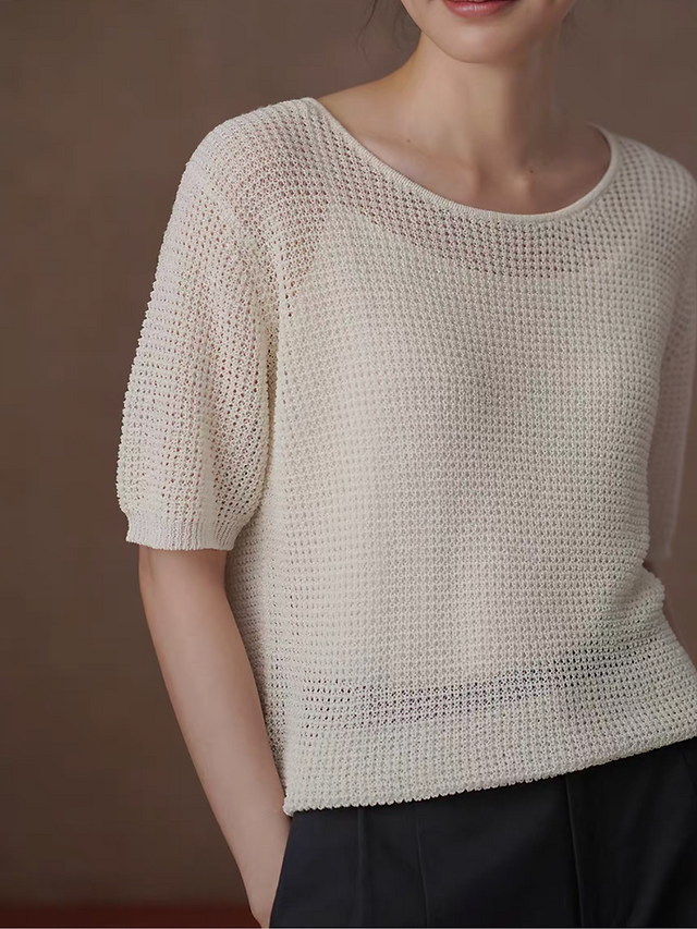 Ivory waffle lyocell poly tencel puff sleeves knitwear 4