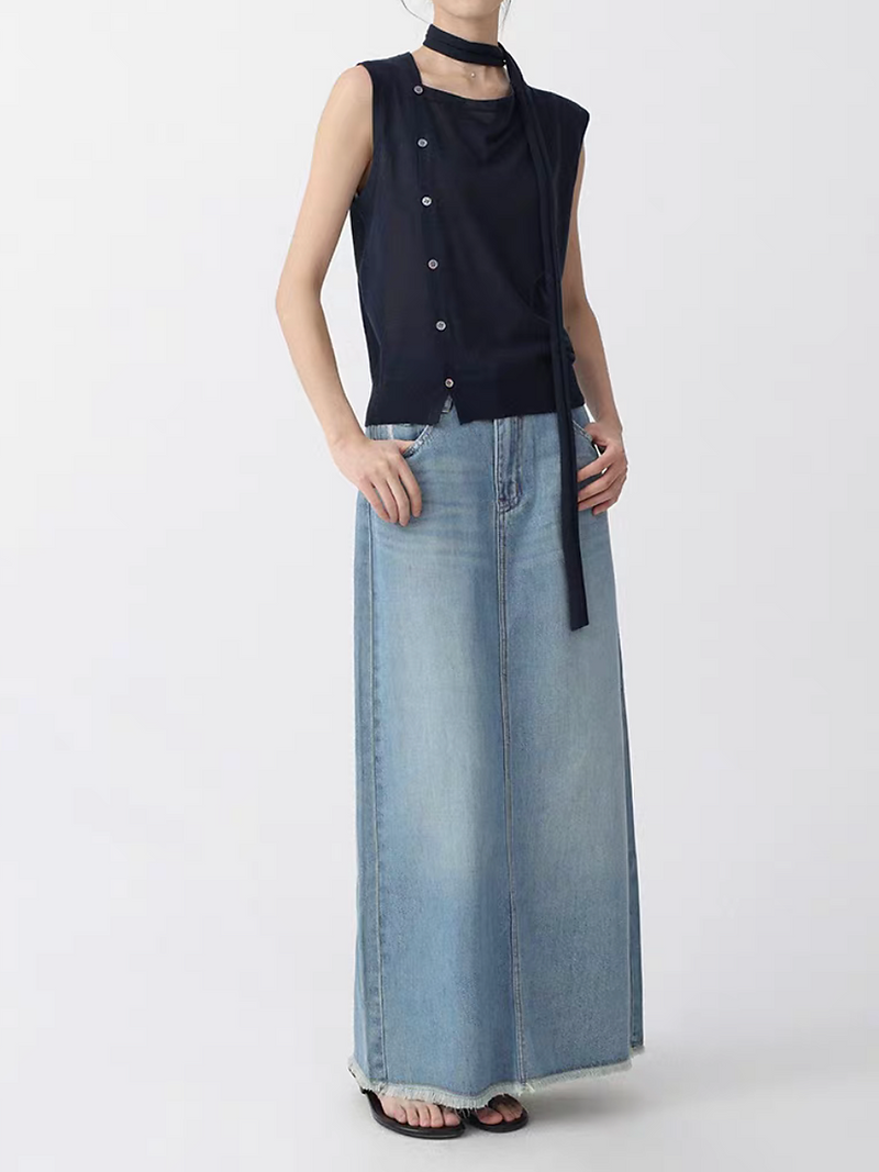 Acid washed frills trim A line back slit soft denim light blue skirt 6