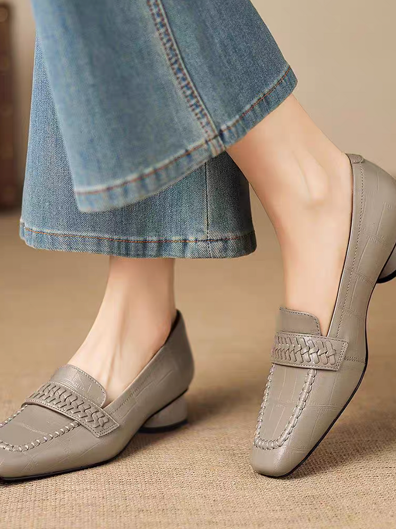 Embossed weaved strap lambskin round heel loafers 10