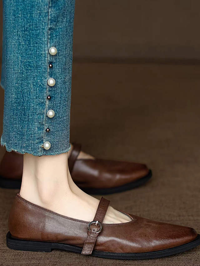 Curved cut brushed off calf leather Mary Janes 3