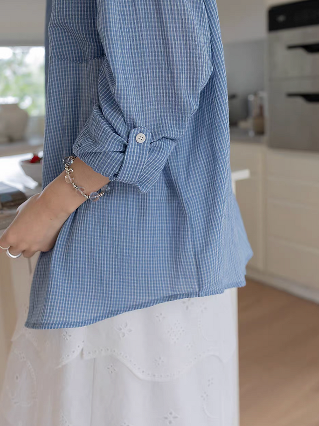 90% Cotton 10% linen checker two way roll sleeves embossed checker shirt 10