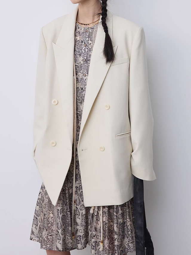 Ivory poly rayon detailed stitches mid length blazer 1